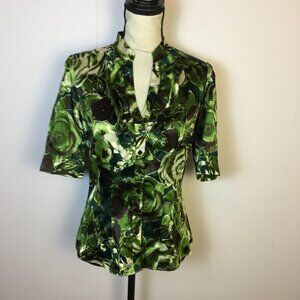 Apt 9 Blouse Shirt Top Size S Womans Green Floral Stretch Satin V-neck Ruffle